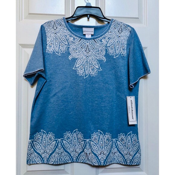 ALFRED DUNNER TOP SIZE SMALL BLUE/WHITE FLORAL MEDALLION BURNOUT SHORT SLEEVE - Picture 1 of 11